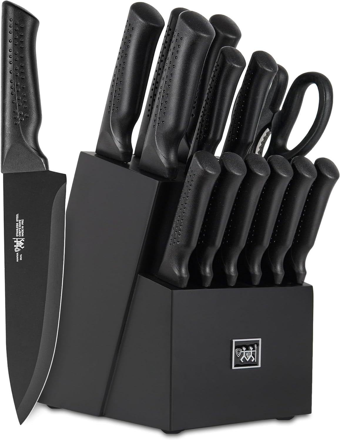 Knife Set, 15 Pcs Black knife sets for kitchen with block Self Sharpening, Dishwasher Safe, 6 Steak Knives, Anti-slip handle