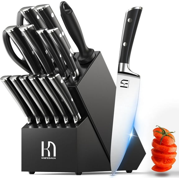 Knife Set 15 Pcs Japanese High Carbon Stainless Steel Kitchen Knife Sets with Block & Sharpener, Premium Razor-Sharp Black Knives Block Set for Kitchen, Ergonomic Full-Tang Handle