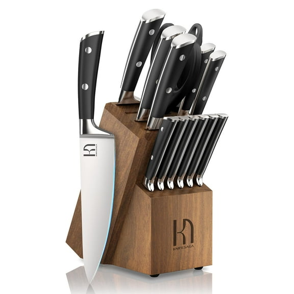 Knife Set 15 Pcs Japanese High Carbon Stainless Steel Kitchen Knife Sets with Block and Sharpener, Premium Razor Sharp Black Knives Block Set for Kitchen with Ergonomic Full-tang Handle