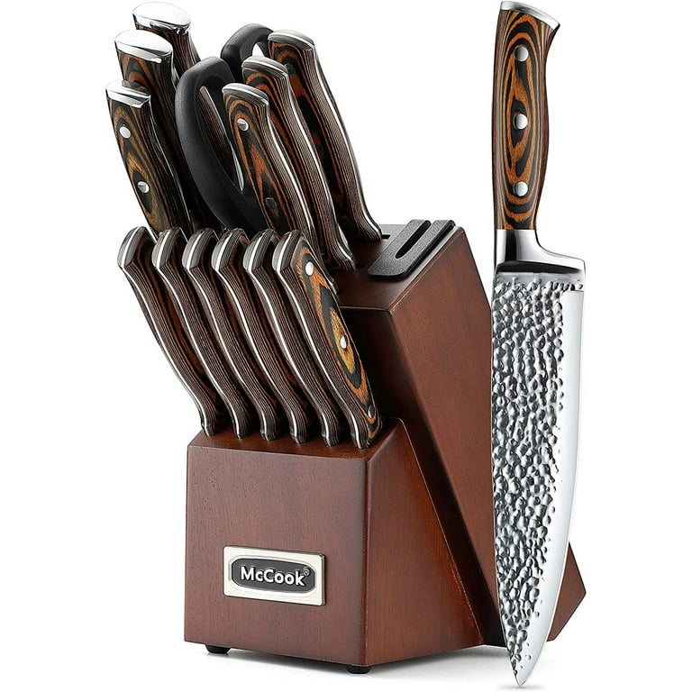 McCook MC25A 15-Piece Kitchen Knife Set Stainless Steel Forged Triple Rivet Cutlery  Knife Block Set with Built-in Sharpener,Chef Knife,Steak Knife 