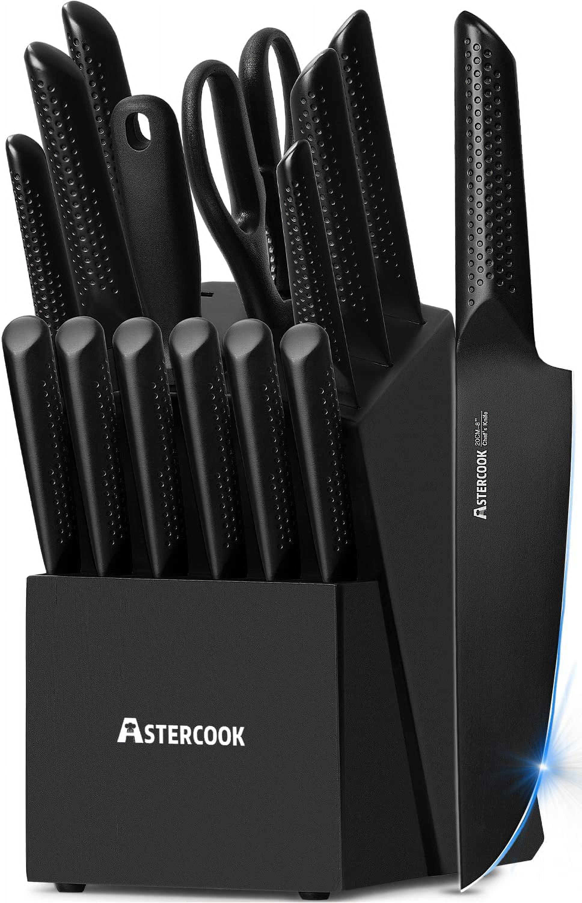 Knife Set  15 Pieces Chef Knife Set with Block for Kitchen  German Stainless Steel Knife Block Set  Dishwasher Safe  Elegant Black