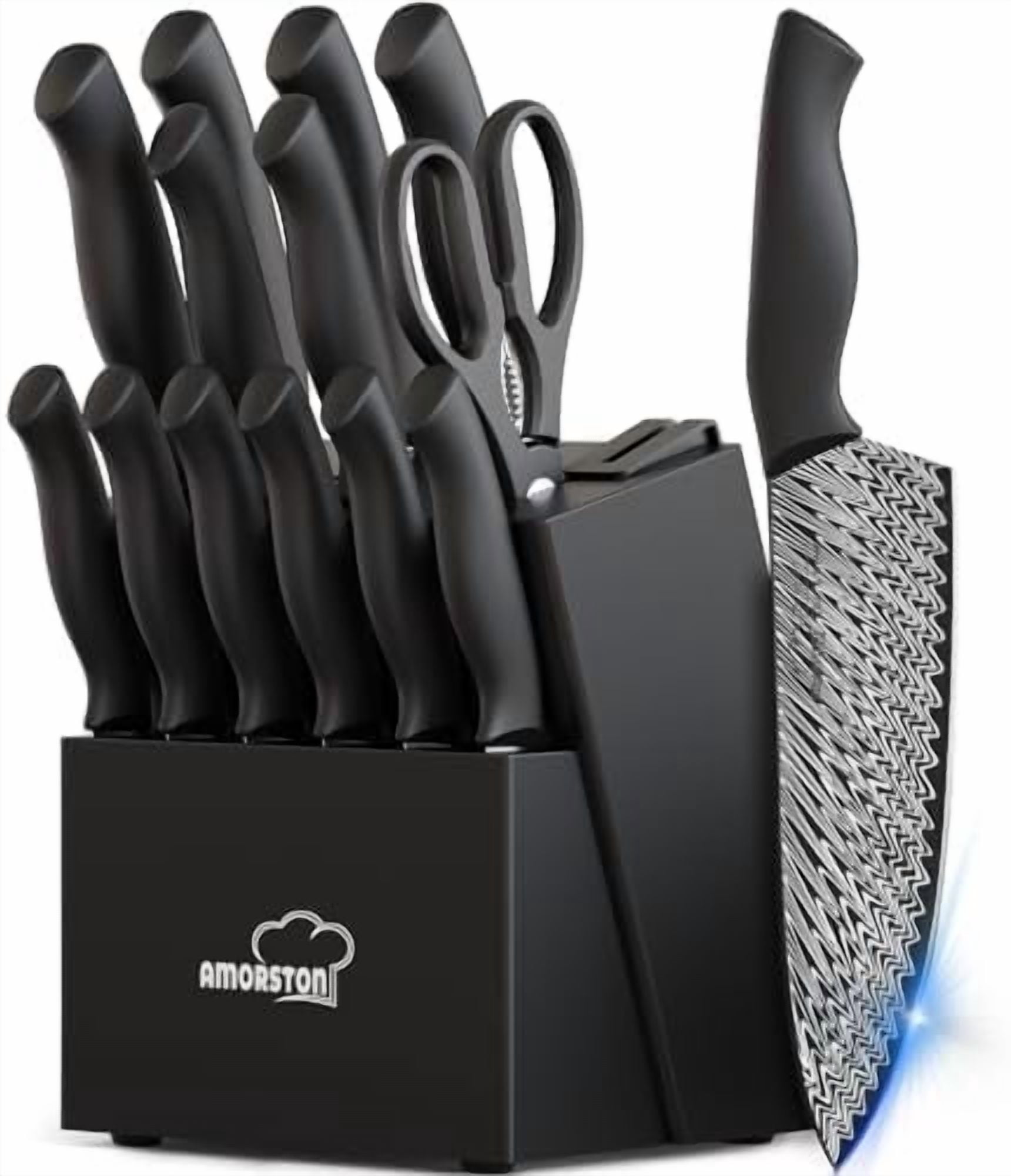 Knife Set, 15 Pieces Kitchen Knife Set with Built in Knife Sharpener, High Carbon German Stainless Steel Knife Block Set, Dishwasher Safe Knives Set, Black