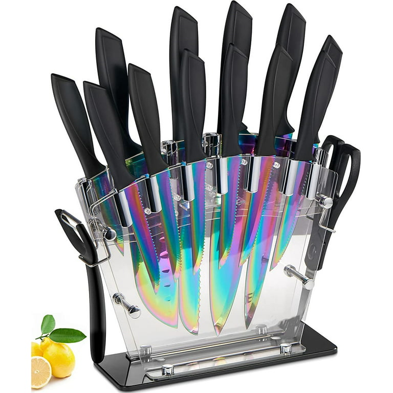 Knife Set, 16 Pieces Rainbow Titanium Coating Cutlery Set No Rust Knife  Block with Serrated Steak Knives