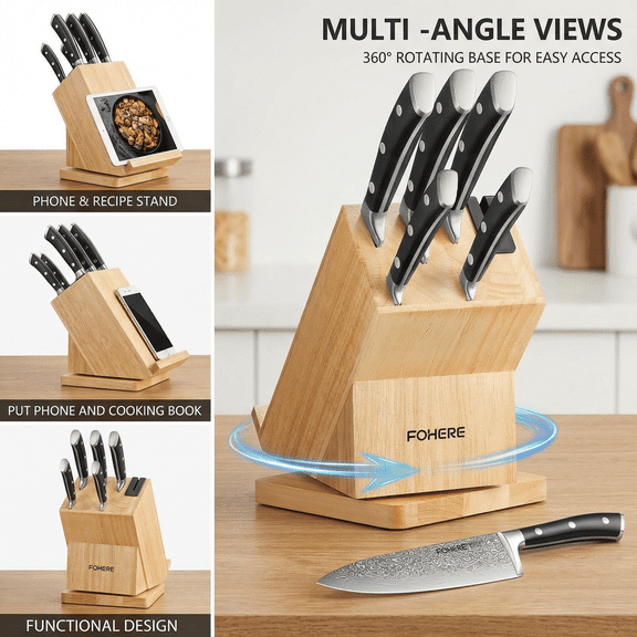 FOHERE Knife Set, 360° Rotatable Knife Holder with Phone Stand, 6-Pieces High Carbon Stainless Steel Knife Set, Built-In Sharpener