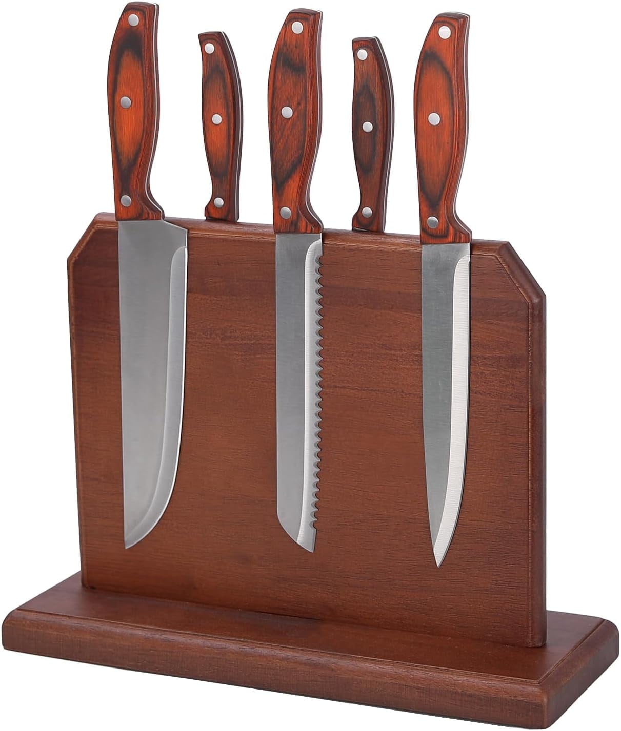 Knife Set 5-Piece with Handcrafted Wood Magnetic Block Holder | Chef,Utility,Bread & Fruit Knives | Stainless Steel with Glossy Finish