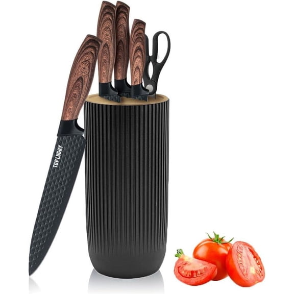 Knife Set, RAINBEAN 6-Piece Black Kitchen Knife Set for Home, Anti-Rust Non-stick Stainless Steel Sharp Chef Knife Set with Universal Knife Block for Kitchen, Ergonomical Design (Black)