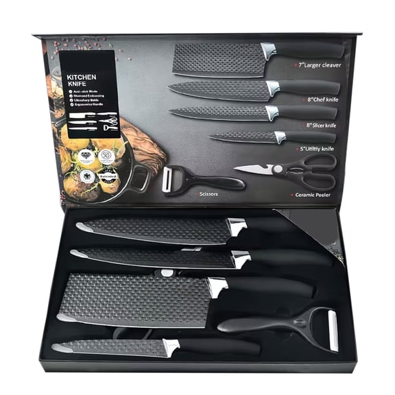 Knife Set, 6-Piece Kitchen Knife Set for Home, Anti-Rust Non-stick Stainless Steel Sharp Chef Knife Sets with Universal Knife Block for Kitchen, Ergonomical Design (Black)