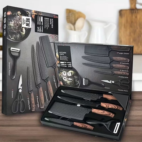 Knife Set, 6-Piece Kitchen Knife Set for Home, Anti-Rust Non-stick Stainless Steel Sharp Chef Knife Sets with Universal Knife Block for Kitchen, Ergonomical Design (Brown)
