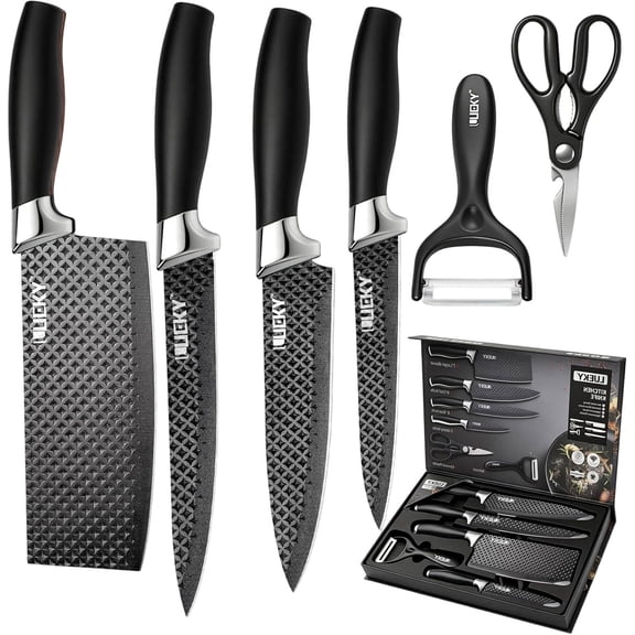 Knife Set, 6 Pieces Kitchen knife Set with Healthy Anti-Rust Coating, Stainless Steel Professional Chef Knife Sets with Elegant Box, Kitchen Knives with Scissors & Peeler for Cooking, Dishwasher Safe