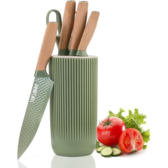Knife Set, 6 Pieces Professional Kitchen Knife Set with Universal Knife Block, Super Sharp Knife Set with Ergonomic Handle Non-stick Stainless Steel Knife Block Set (Green)