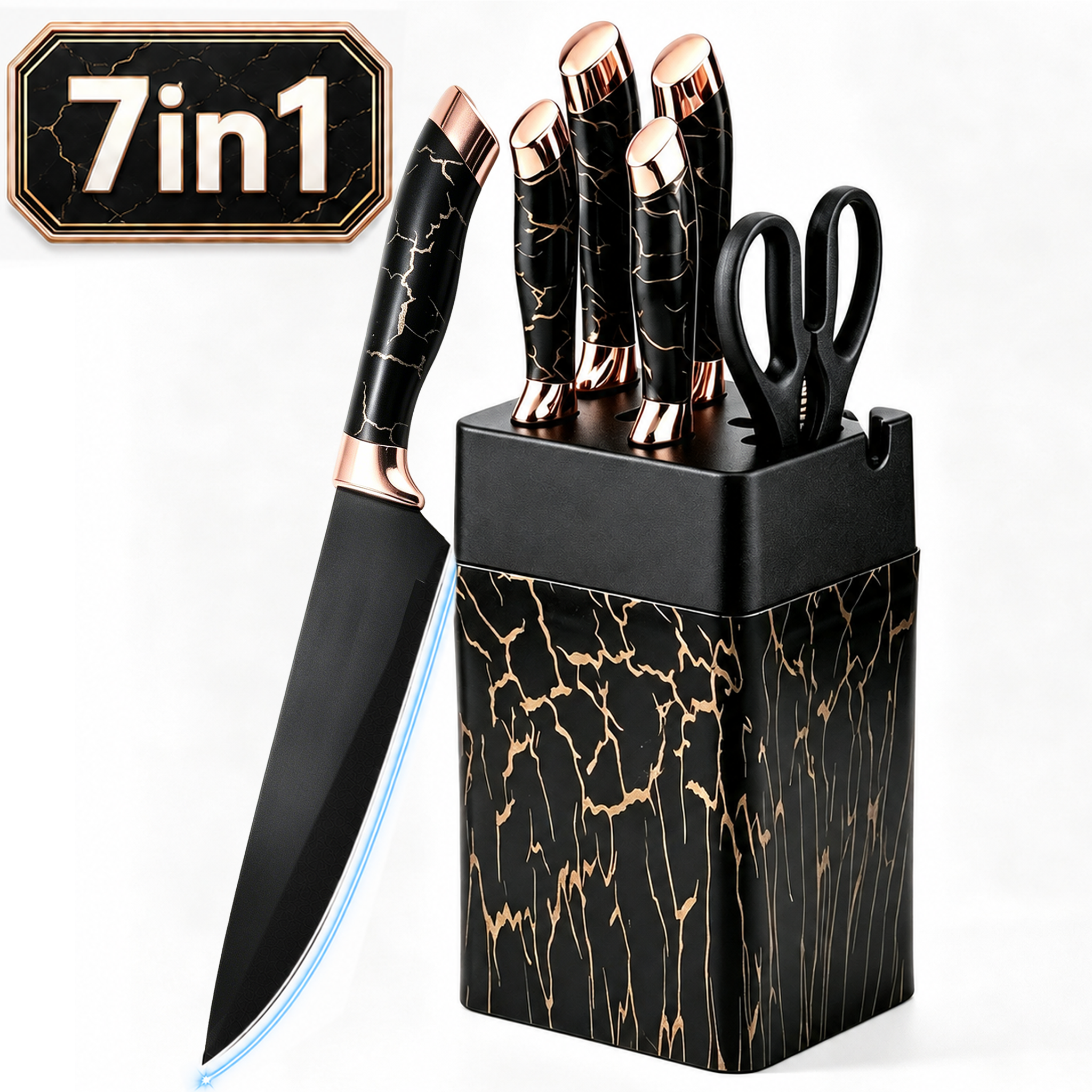 Juego de cuchillos, 7 piezas para cocina, hojas estilo alemán ultra afiladas, mango ergonómico antideslizante, apto para lavavajillas, antióxido, bloque guarda cuchillos que ahorra espacio