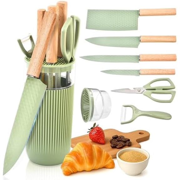 Knife Set, 7-Piece Kitchen Knife Set with Sharp Chef and Meat Knives, Anti-Rust Utility Knives Set for Kitchen, Kitchen Knife Block Set (Green)