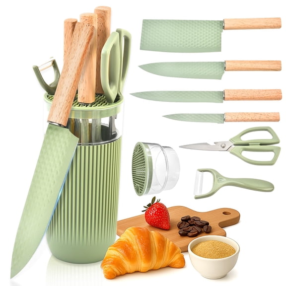 Knife Set, 7-Piece Kitchen Knife Set with Sharp Chef and Meat Knives, Anti-Rust Utility Knives Set for Kitchen, Kitchen Knife Block Set Green