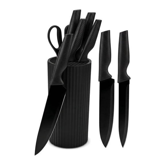 Knife Set, 7-Piece Kitchen Knife Set with Universal Block - Anti-Rust Chef Knives, Ergonomic Design, Dishwasher Safe (Black)