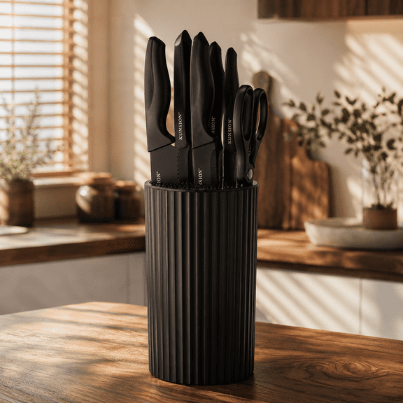 Knife Set, 8-Piece Kitchen Knife Set for Chef, Sharp Knife Set with Universal Knife Block, Anti-Rust Kitchen Knife Block Set, (Black) Stainless Steel Cutting
