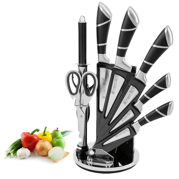 Knife Set 8 Pieces Black Kitchen Knife Set with Acrylic Stand, High Carbon Stainless Steel,KEPEAK Non Stick Coated Knife Block Set, No Rust, Non Slip Handle, Sharp Knife
