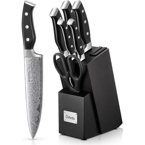 Knife Set, 8 Pieces Kitchen Knife Set with Built-in Sharpener, High Carbon German Stainless Steel Knife Block Set with Unique Waved Pattern, Non-slip Handle, Black$$Home Decor, Kitchen, & Other