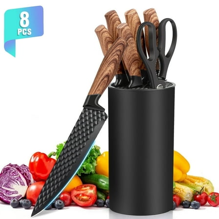 Knife Set, AOKIWO 8-Piece Kitchen Knife Set for Chef, Anti-Rust Non-stick Stainless Steel Sharp Chef Knife Set with Block, Dishwasher Safe (Charcoal)