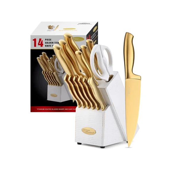 Knife Set- Almond MA21 Luxury Golden Titanium Coated 14 Pieces Stainless Steel Hollow Handle Gold Kitchen Knife Set With Block By White Wash Finish Wood