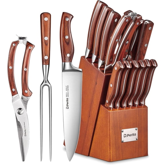 Knife Set with Block, 16 Pcs Stainless Steel Kitchen Knife Set with Sharpener & Wooden Block, Knife Block Set with Wood Handle, Chef, Santoku, Bread, Utility, Paring & Carving Fork Knife, Brown