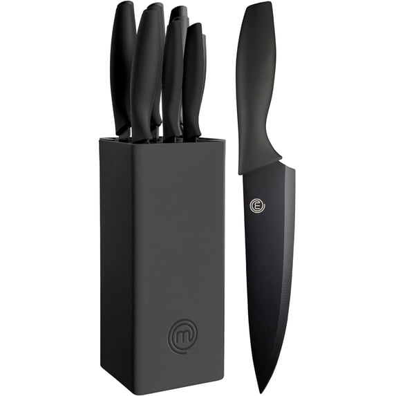 Knife Set with Block, 6 Kitchen Knives and a Universal Knife Holder, Extra Sharp Stainless Steel Blades for Precise Cutting with Non Stick Coating & Soft Touch Easy Grip Handles, Black