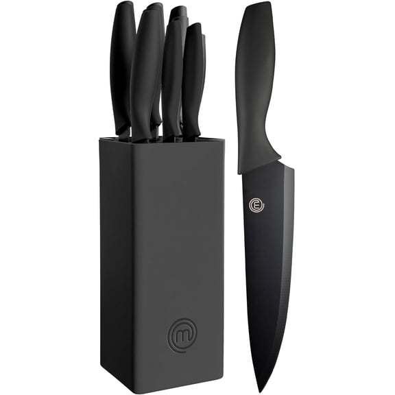 Knife Set with Block, 6 Kitchen Knives and a Universal Knife Holder, Extra Sharp Stainless Steel Blades for Precise Cutting with Non Stick Coating & Soft Touch Easy Grip Handles, Black