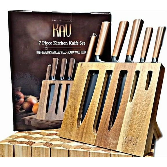 Knife Set with Block, KAV 7pc Kitchen Knives and Sharpening Rod, Stainless Steel Knife Set in High Carbon Matte Black, Chef's Slicing Bread Utility Knifes, Modern Wooden Block Open Face