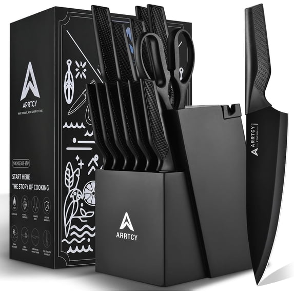 Knife Set with Block - Kitchen Knife Set German High-Carbon Steel - 15-Piece with Built-in Sharpener & Dishwasher Safe - Ergonomic Anti-Slip Handles,Black,Gift Box Included