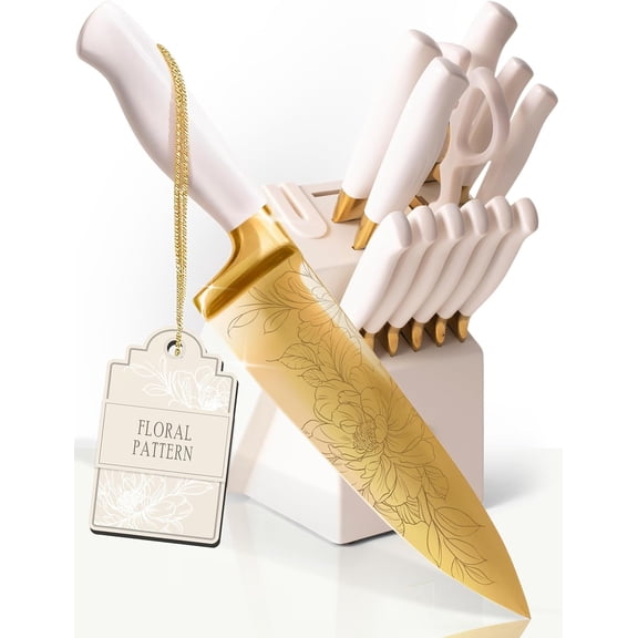Knife Set with Built-in Sharpener 14 PC Golden Titanium-Coated Stainless Steel Blades with Elegant Floral Pattern, Ultra-Sharp, Durable Kitchen Knife Block Set