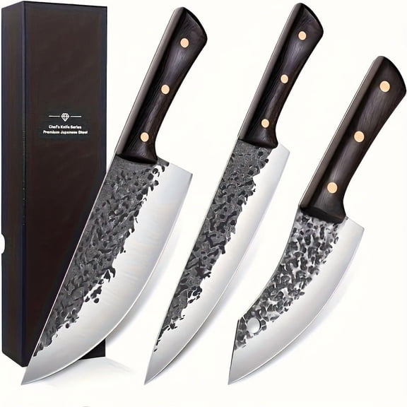 Knife Set, Hand Forged Chef Knife Set, High Carbon Steel Cooking Knife & Cool Butcher Knife & Mini Cleaver Knife, Kitchen Knife Set For Home, Outdoor Cooking, Camping BBQ Gift Idea Men