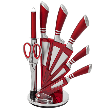 Knife Set,Kepeak 9-Piece Kitchen Knife Set with Sharpener,Scissors, Non Stick Sharp Stainless Steel Chef Knife Set with Acrylic bracket for Kitchen Cutting Slicing Dicing Chopping (Red)