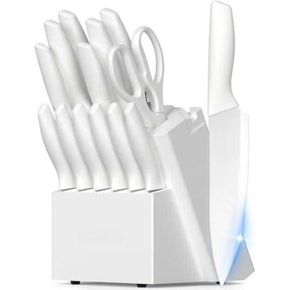 Knife Set for Kitchen 15 Piece with Block and Sharpener Kitchen Knives with Ceramic Coating Sharp Blade Dishwasher Safe Deba Knives with Anti-slip Ergonomic Handle, Elegant White