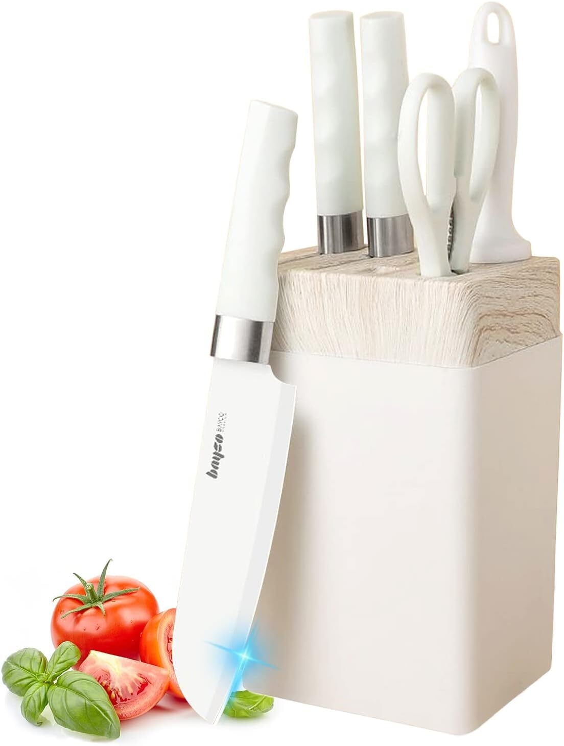 Knife Set for Kitchen, 6-Pieces White Non-stick Stainless Steel Knife Block Set, Ultra Sharp Kitchen Knife Set with Accessories for Cutting Slicing Dicing Chopping