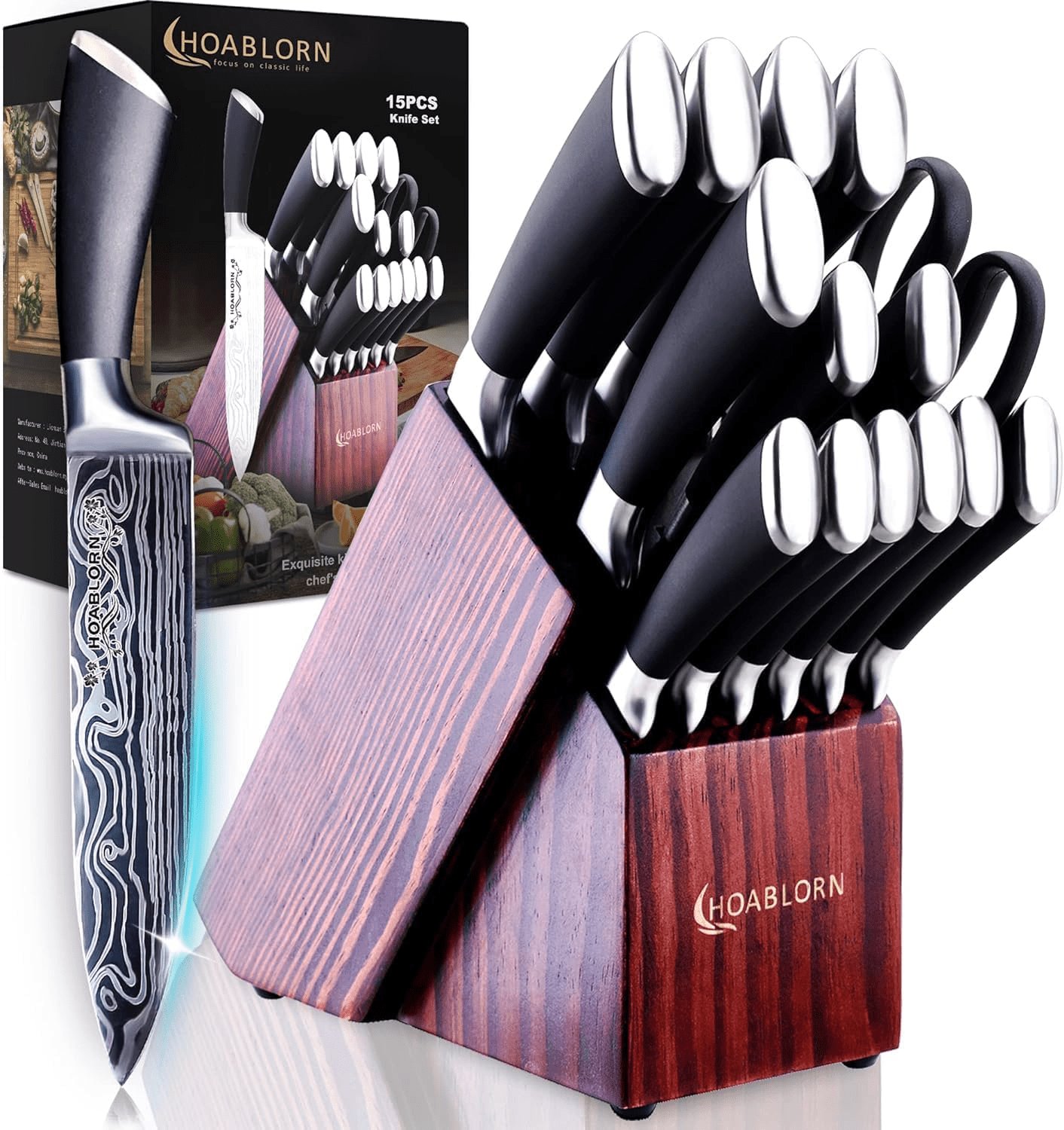 Knife Set for Kitchen Knife Set with Block 15Pcs Set,Professional