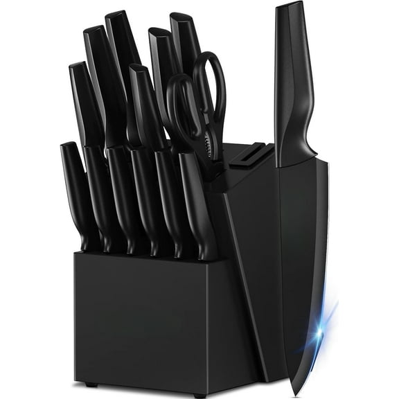 Knife Set,  15 Pcs Kitchen Knife Set with Block Self Sharpening, Dishwasher Safe, Anti-slip Handle, Black-wpp
