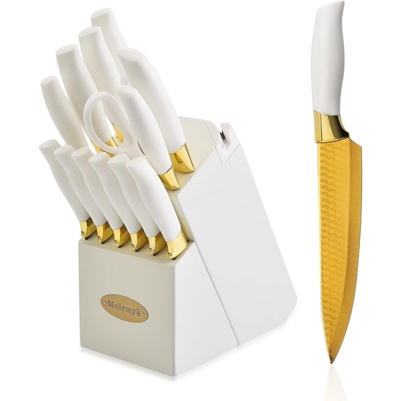 Knife Set Non Stick Thick and Sharp Stainless Steel Kitchen Knives Set with Wood Block 14 Pcs Cutlery Knives Block Set with Steak Knife Bread Knife Scissors Chef Quality White Handle Gold Blade