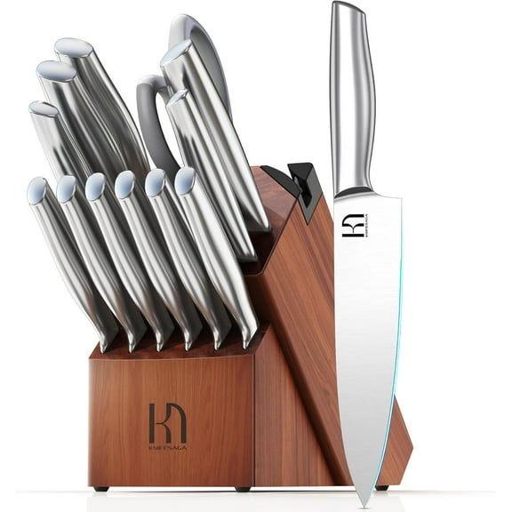 Knife Set Premium, Japanese High Carbon Stainless Steel 14 Pcs Kitchen Knives Block Set with Built-in Sharpener and Wood Block, Razor Sharp Knife Sets for Kitchen with Ergonomic Handle