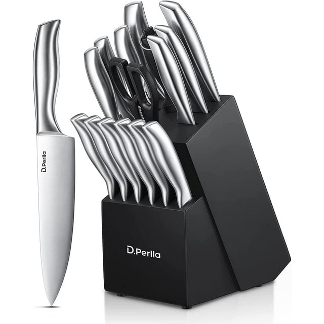 Knife Set, Stainless Steel Kitchen Knife Set with Wood Block, One Piece