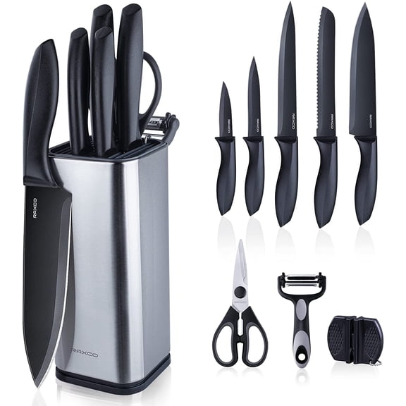 Knife Set with Block,10-Piece Kitchen Knives Stainless Steel,Pro-sharpened for Cooking,Slicing,Mincing,Dicing,Black