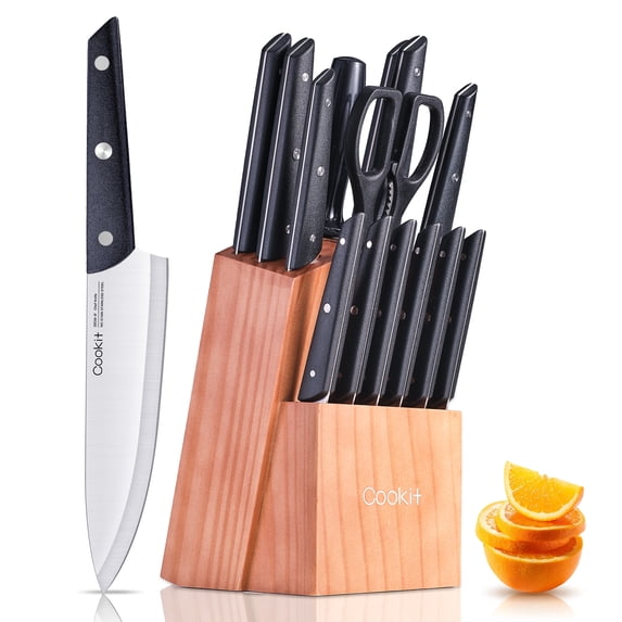 15 Pieces Knife Set with Block Kitchen Knife Set with Pine Block Holder with Sharpener, High Stainless Steel Knives with Comfortable Grip ABS Handles