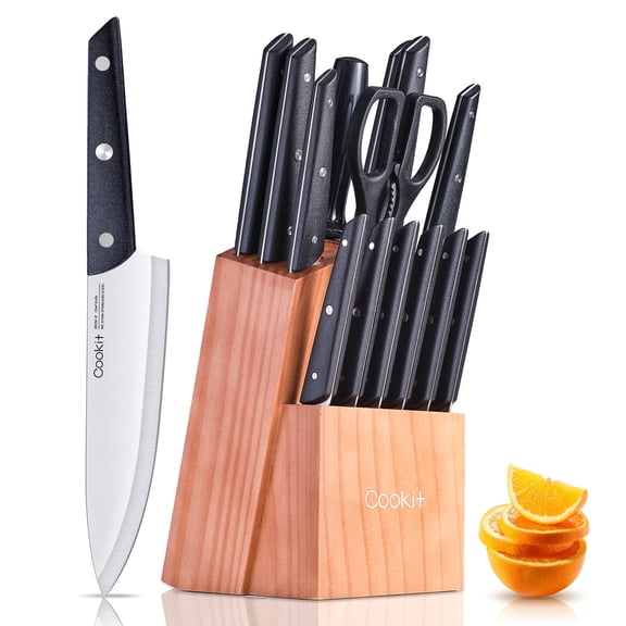 15 Pieces Knife Set with Block Kitchen Knife Set with Pine Block Holder with Sharpener, High Stainless Steel Knives with Comfortable Grip ABS Handles
