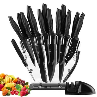 Knife Set with Block,Sharpener,Acrylic Stand 17 PCS Black High Carbon Stainless Steel Kitchen Knives