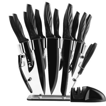 Knife Set with Block,Sharpener,Acrylic Stand 17 PCS Black High Carbon Stainless Steel Kitchen Knives