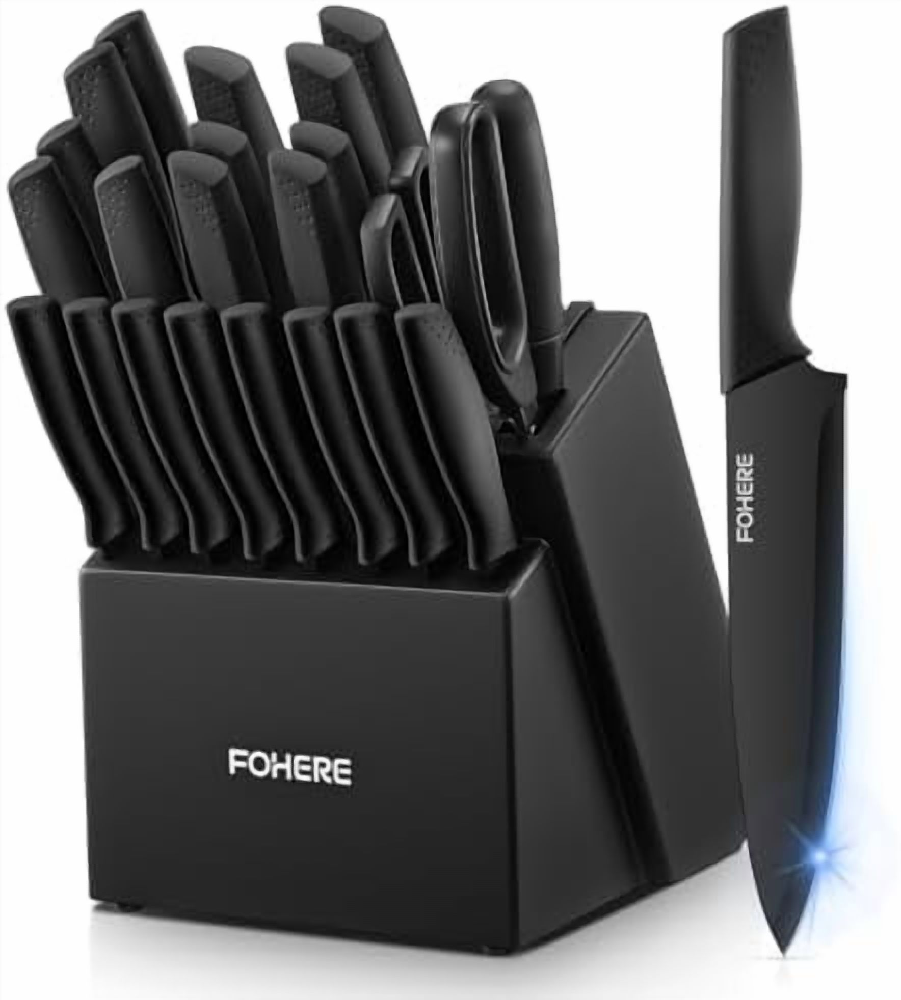 Knife Set23 Pieces Kitchen Knives Set with Block High Carbon Stainless Steel Self-Sharpening Knife Block Set with Built-in Sharpener and Wooden Block with Cheese and Pizza Knife, Black