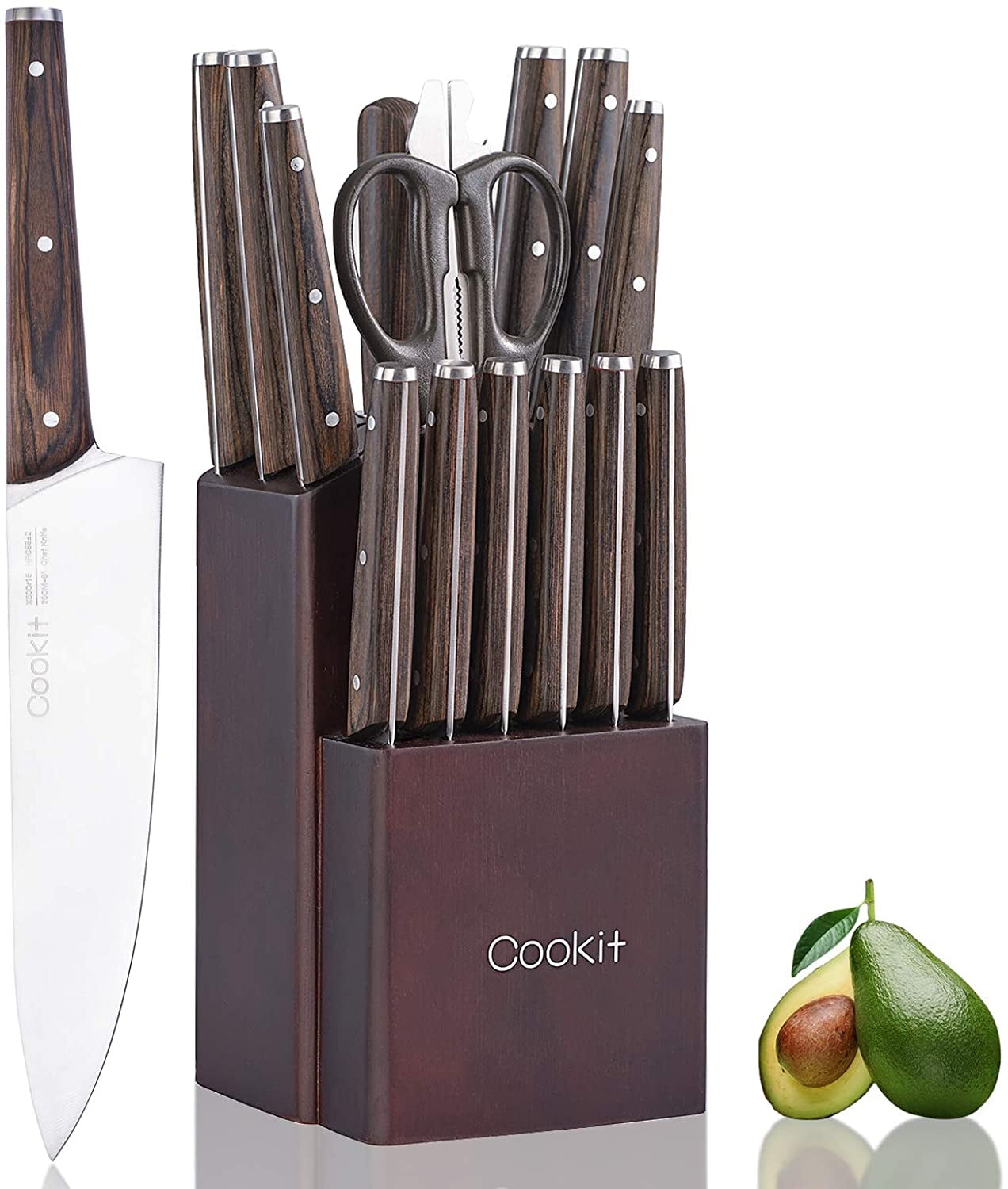 Knife Sets for Kitchen, 15 Piece Kitchen Knife Sets with Block, German Stainless Steel Knives Set, Wood Handle with Manual Sharpener, 6 Serrated Steak Knives