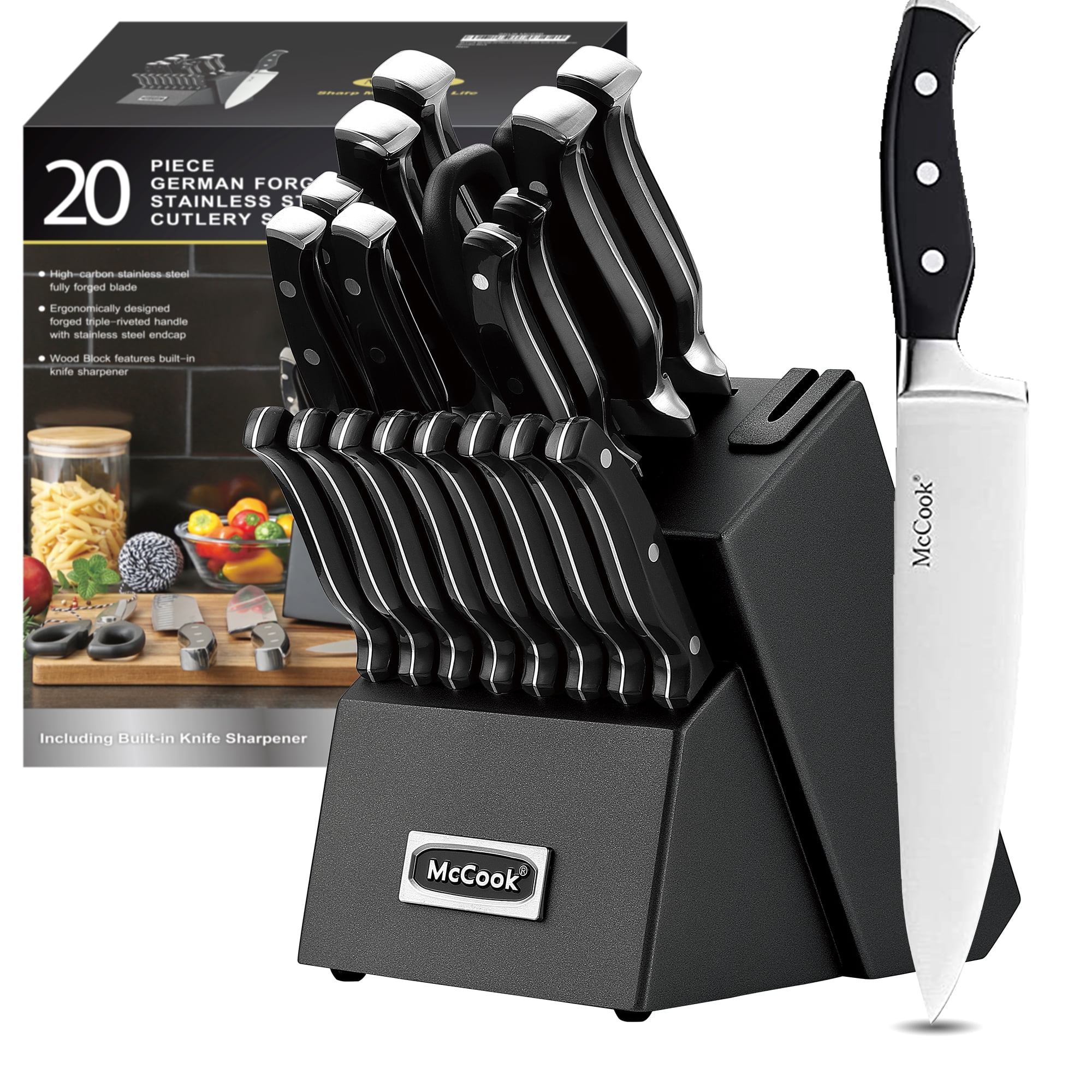 Knife Sets,McCook MC65B 20 Piece German Stainless Steel Forged Kitchen Knife  Block Set, Cutlery Set with Black Block 