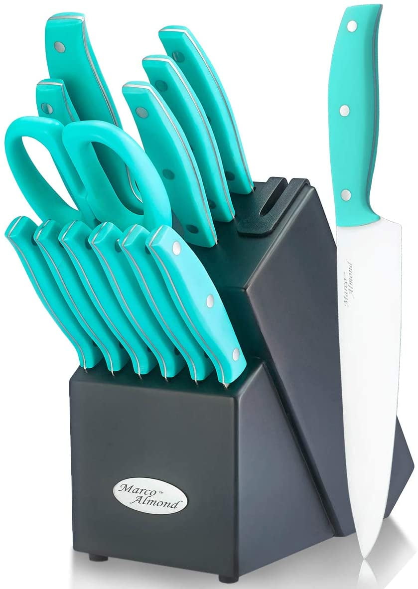 Marco Almond MA22 Kitchen Knife Sets, 19 Pieces Stainless Steel Hollow Handle Knife Block Set with Steak Knives,Chef Knife,Kitchen Knife Sharpener