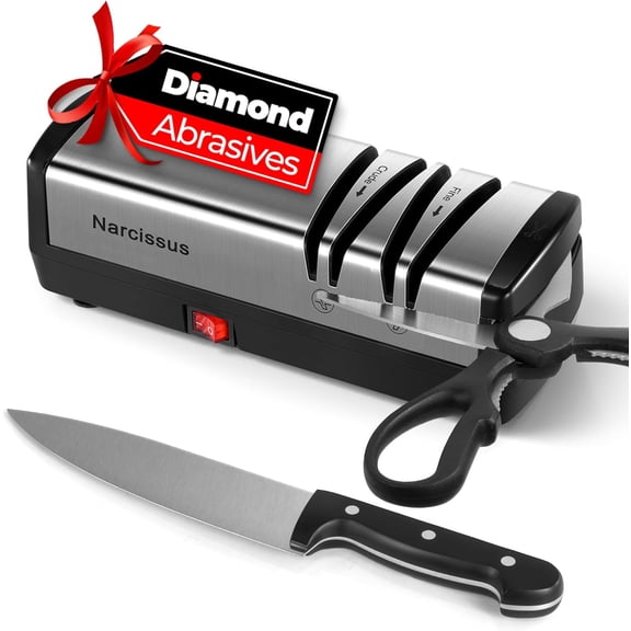 Knife Sharpener, Diamond Abrasives Electric Sharpener for Stainless Steel and Ceramic Knives, with Scissors & Metal Dust Collection Box, Quick Sharpening Polishing, Silver