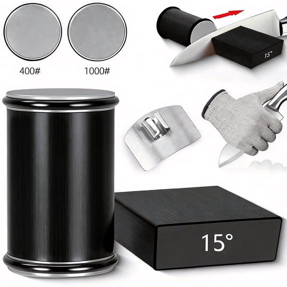 MYVIT Rolling Knife Sharpener Set Roller Tumbler Sharpening Stone Kit for Steel Knife,2-Angle Diamond 400 1000 Discs Small Kitchen Sharpening System w/ Cut-resistant Glove and Kitchen Gadgets