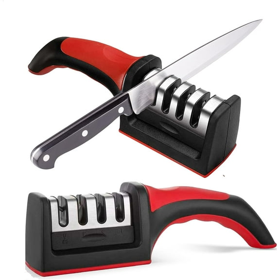 Knife Sharpeners for Kitchen Knives– Stainless Steel 4 in1 Kitchen Knife Sharpener – Ergonomic and Easy to Use Knife Sharpening Kit with 4 Stage Sharpening Slots Black
